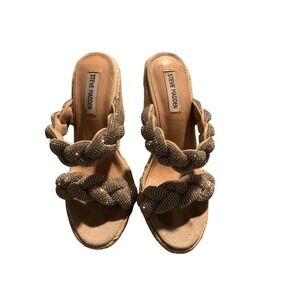 Steve Madden Uzo Braided Rhinestone Wedge Sandals Tan Espadrille Platform Size 8